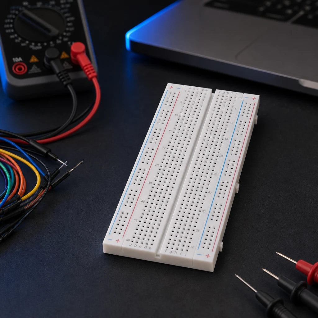 White 830-point solderless breadboard on a dark electronics workbench with jumper wires and a multimeter.