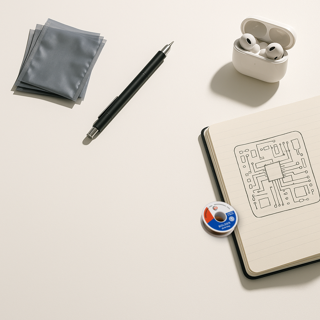 Real spool of rosin-core solder wire composited onto a minimal bright white desk scene with anti-static bags, a mechanical pencil, a notebook with a hand-drawn PCB sketch, and wireless earbuds in their case.