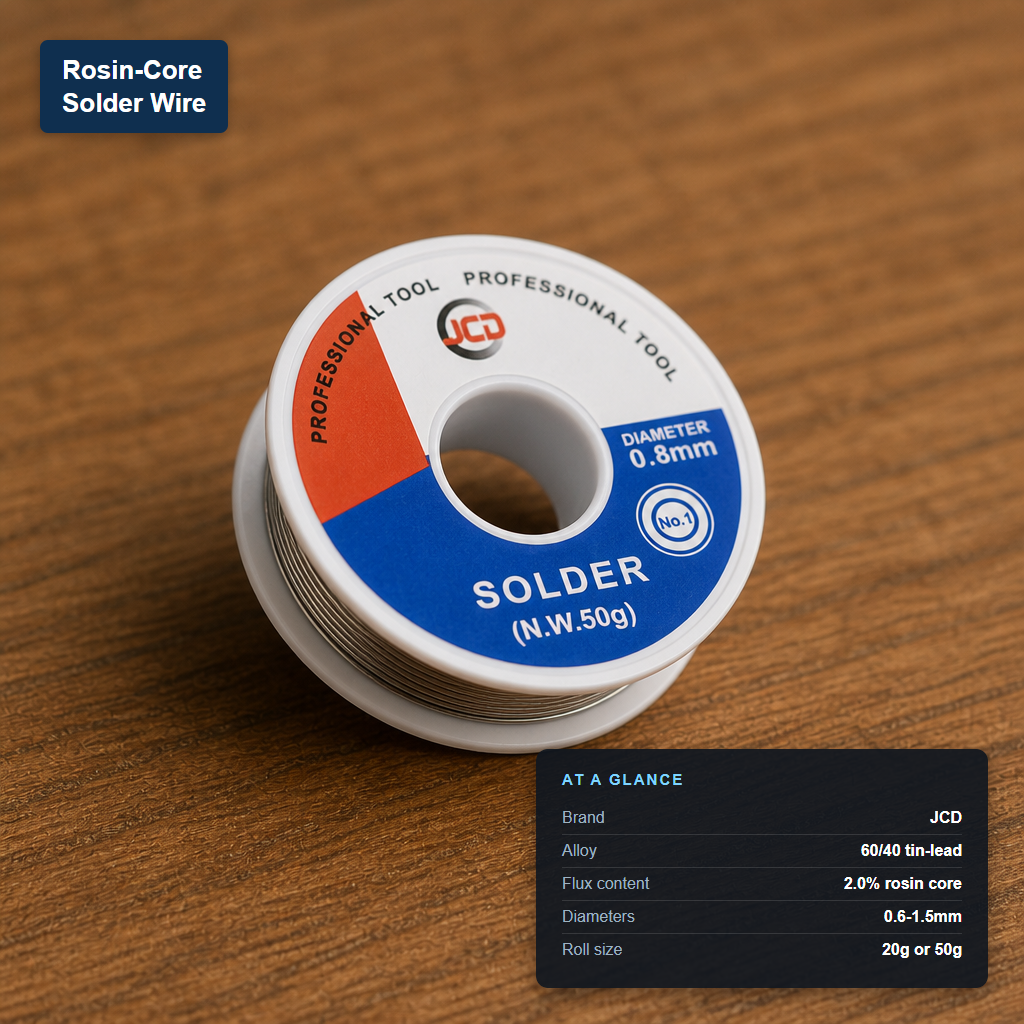 Spool of JCD-brand rosin-core solder wire, labeled with its at-a-glance specs: 60/40 tin-lead alloy, 2.0% flux core, 0.6-1.5mm diameters, 20g or 50g rolls.