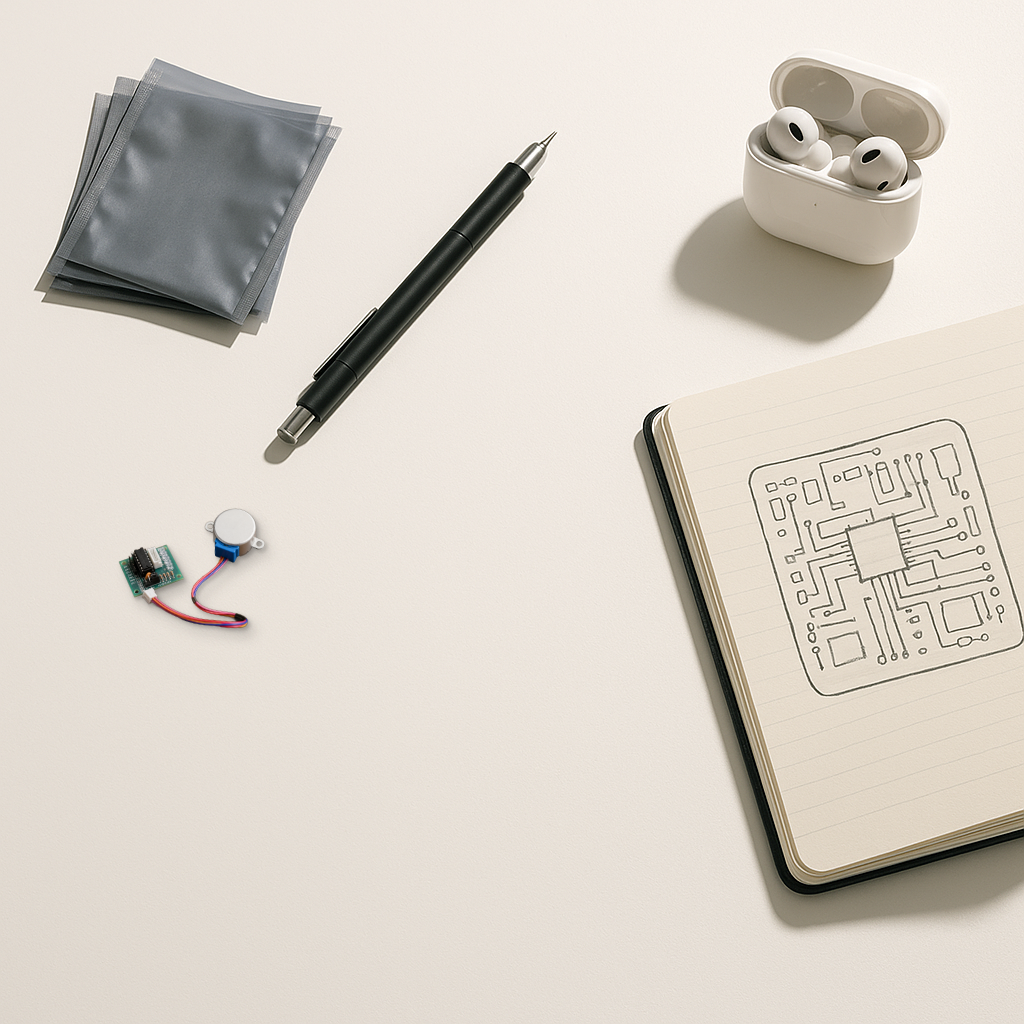 Real 28BYJ-48 stepper motor and ULN2003 driver board composited onto a minimalist bright desk scene: anti-static bags, a mechanical pencil, an open notebook with a hand-drawn PCB sketch, and wireless earbuds in their case.