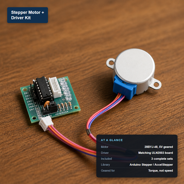 28BYJ-48 stepper motor with its matching ULN2003 driver board, labeled with its at-a-glance specs.