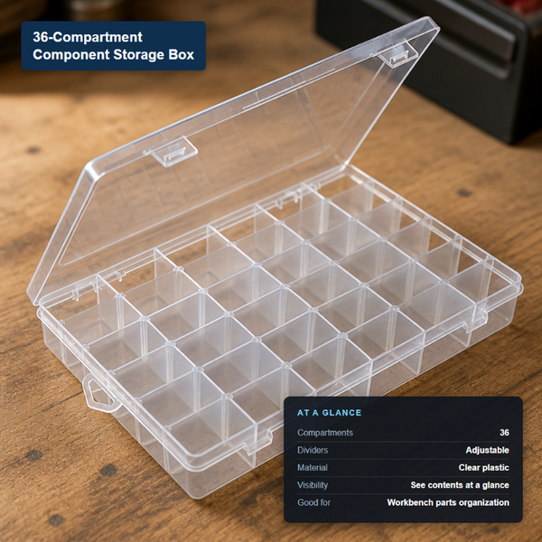 Clear plastic 36-compartment component storage box with adjustable dividers, shown with its key specs.