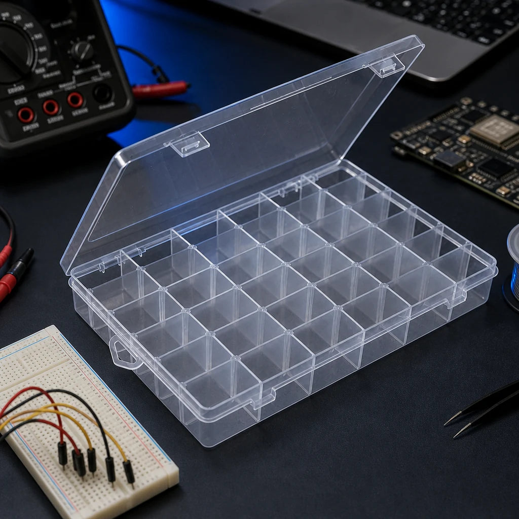 Clear plastic 36-compartment parts organizer sitting open on an electronics workbench beside a breadboard and multimeter.