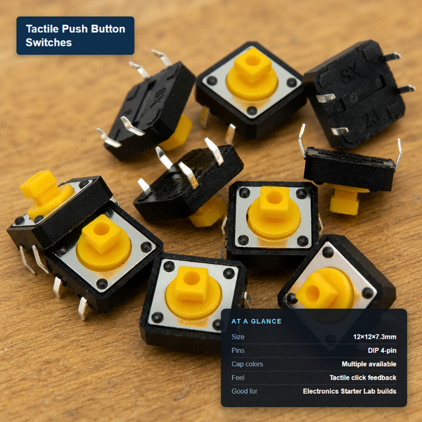 12×12×7.3mm tactile push button switches with DIP 4-pin legs and yellow caps.