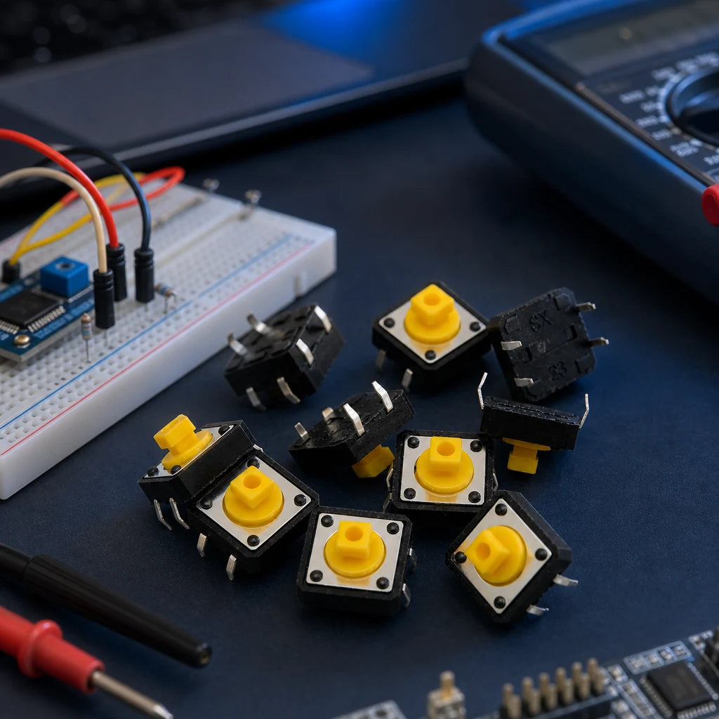 Tactile push button switches scattered on a workbench near a breadboard and multimeter.