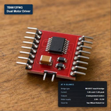 TB6612FNG dual motor driver module with key specs: MOSFET H-bridge, 1.2A/3.2A peak current, 2 motor outputs, 2.5–13.5V supply.