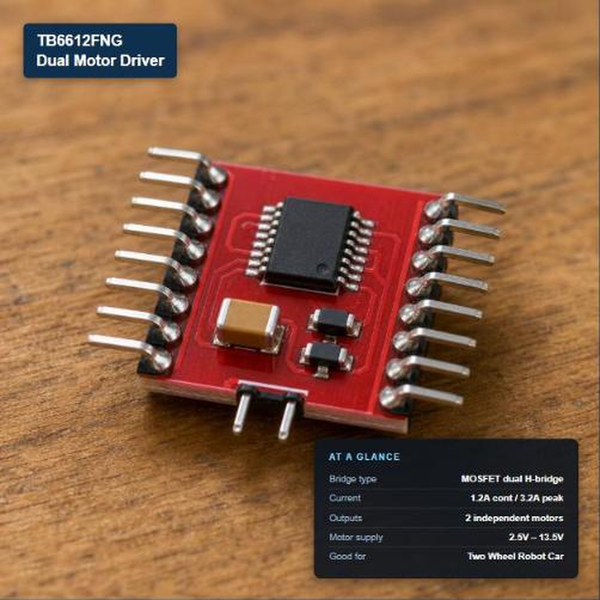 TB6612FNG dual motor driver module with key specs: MOSFET H-bridge, 1.2A/3.2A peak current, 2 motor outputs, 2.5–13.5V supply.