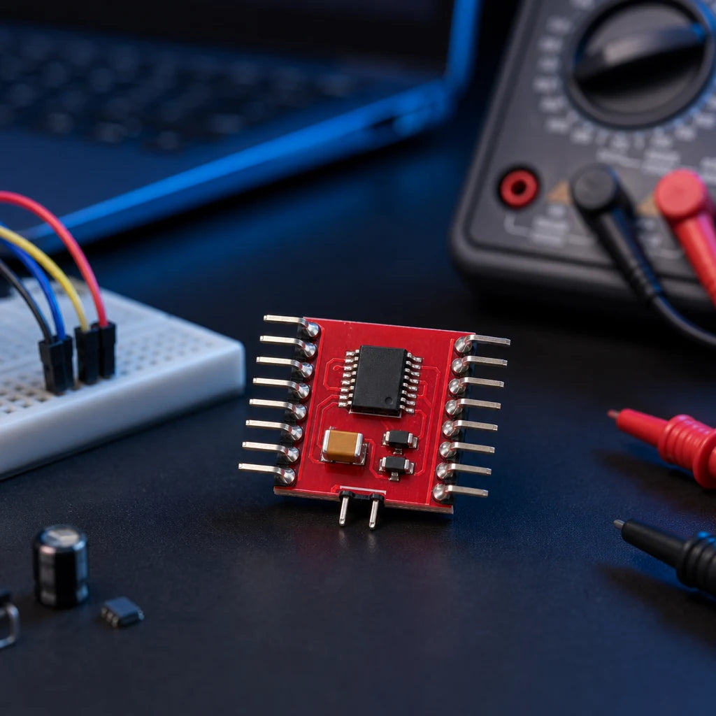 TB6612FNG dual motor driver module on an electronics workbench beside a breadboard and multimeter probes.