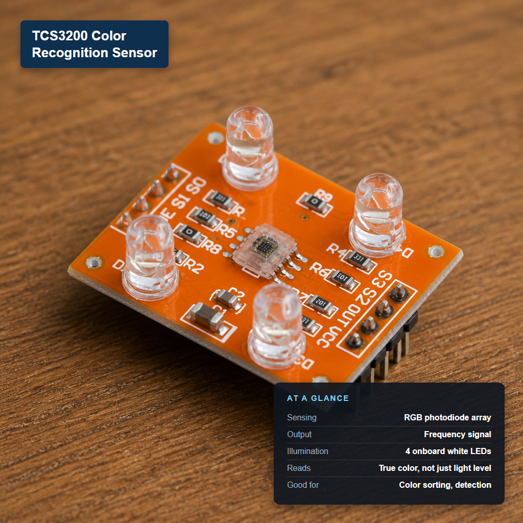 TCS3200 color recognition sensor with RGB photodiode array and 4 white LEDs, labeled with its at-a-glance specs: frequency signal output, true color sensing, color sorting use.