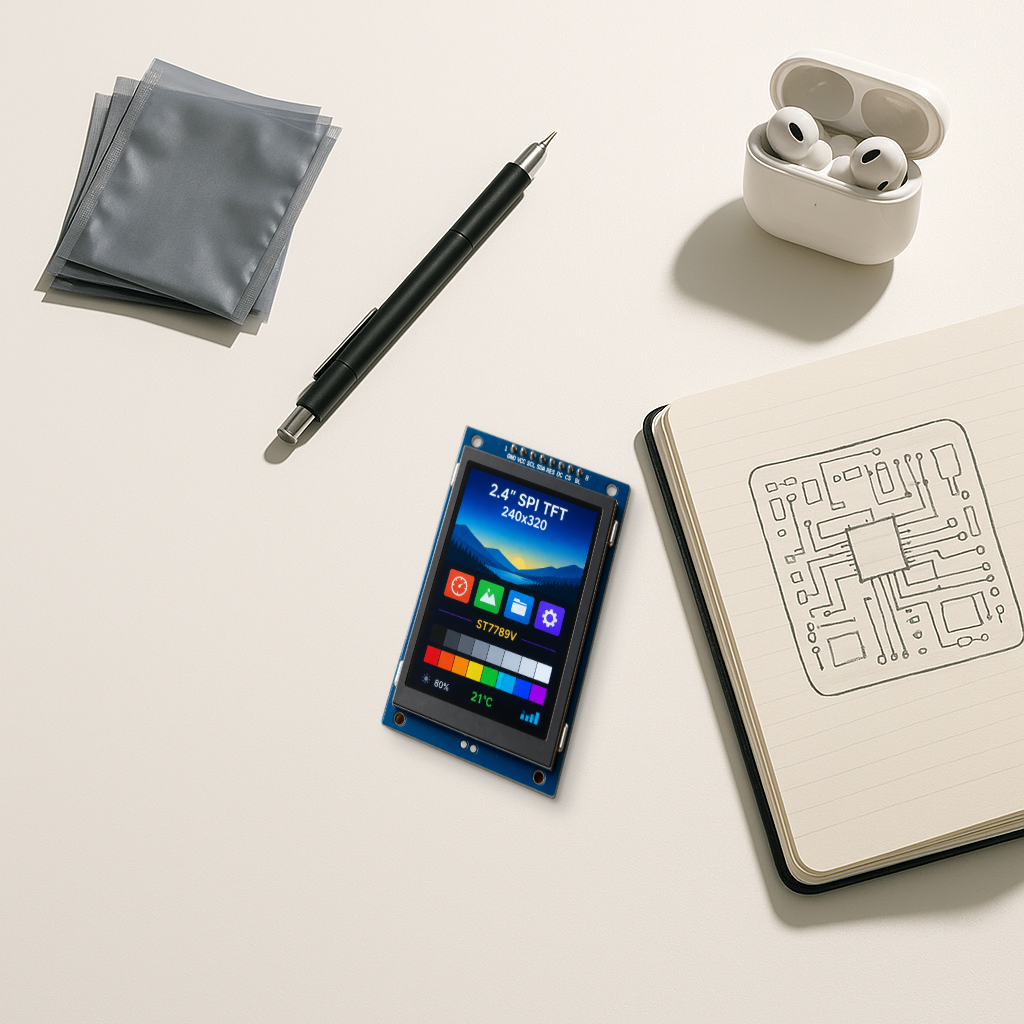 2.4-inch SPI TFT color display on a bright minimal desk beside AirPods and a notebook with circuit sketches