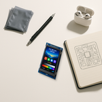 2.4-inch SPI TFT color display on a bright minimal desk beside AirPods and a notebook with circuit sketches