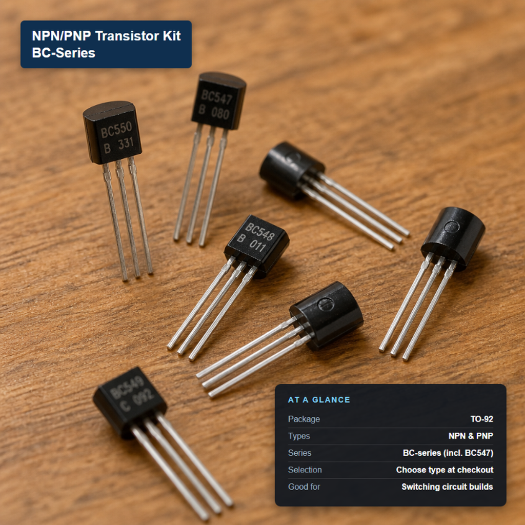 Assortment of TO-92 package BC-series NPN/PNP transistors (BC547, BC548, BC549, BC550) laid out on a wood surface.