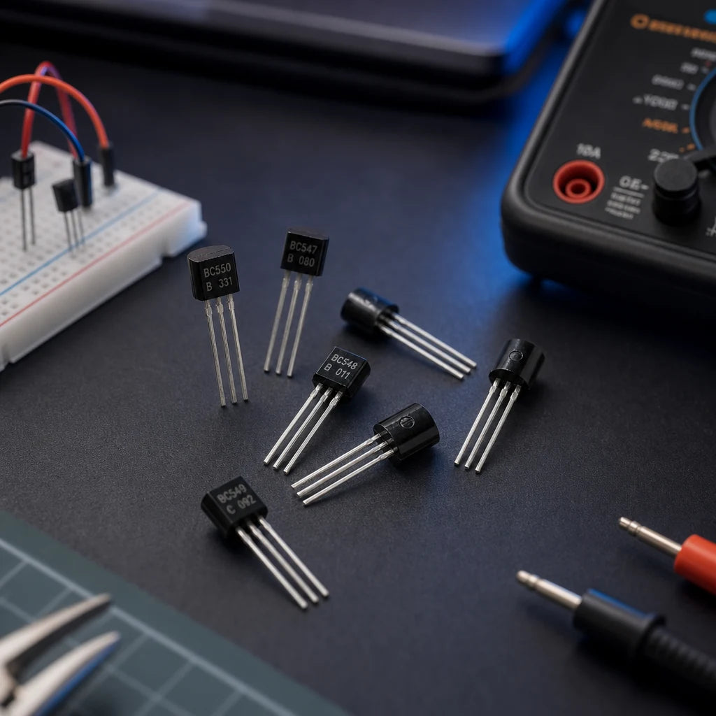 BC-series TO-92 transistor assortment on an electronics workbench with a breadboard, multimeter, and tweezers.