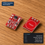 TTP223 capacitive touch sensor module, front and back, with at-a-glance spec card showing digital output and 3-pin wiring