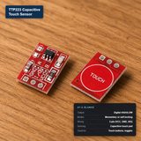 TTP223 capacitive touch sensor module, front and back, with at-a-glance spec card showing digital output and 3-pin wiring