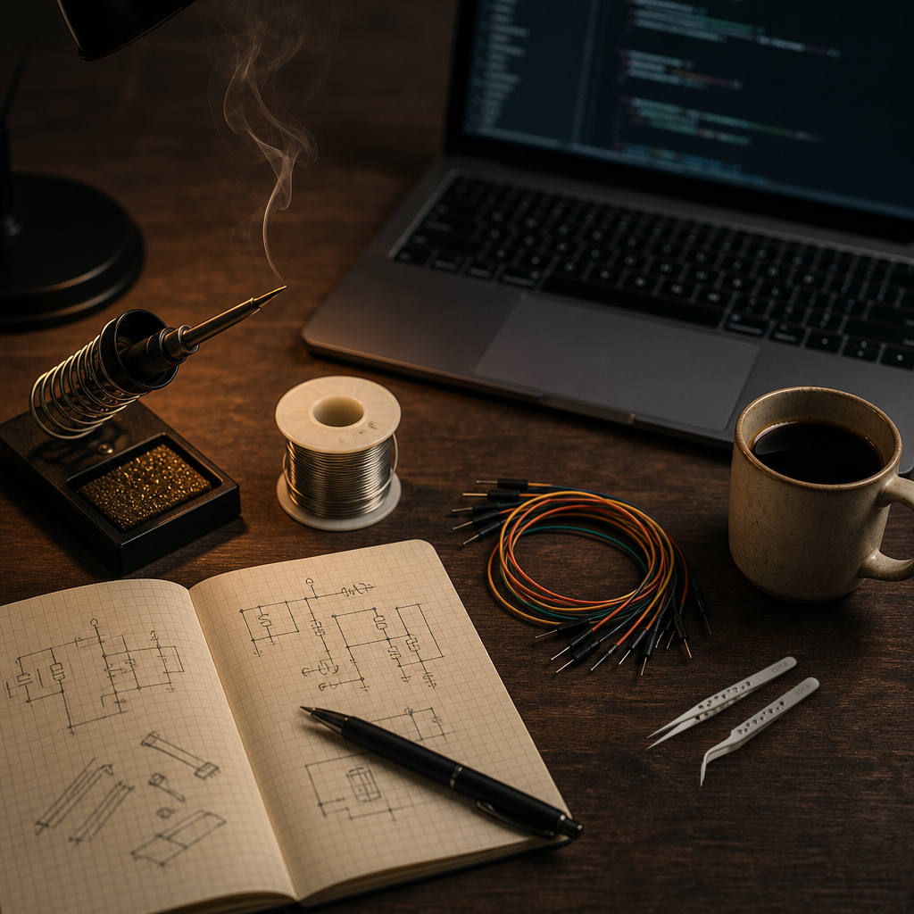 Real ESD-safe precision tweezers composited onto a maker's desk scene: soldering iron, solder spool, colorful jumper wires, a laptop, a cup of coffee, and a notebook with hand-drawn circuit sketches.