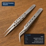 ESPLB brand ESD-safe precision tweezers pair, one straight tip and one curved tip, labeled with its at-a-glance specs.