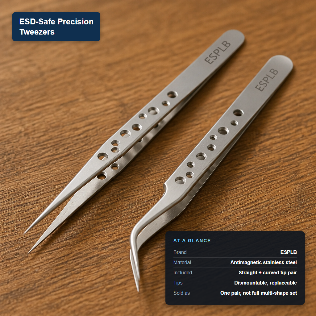 ESPLB brand ESD-safe precision tweezers pair, one straight tip and one curved tip, labeled with its at-a-glance specs.