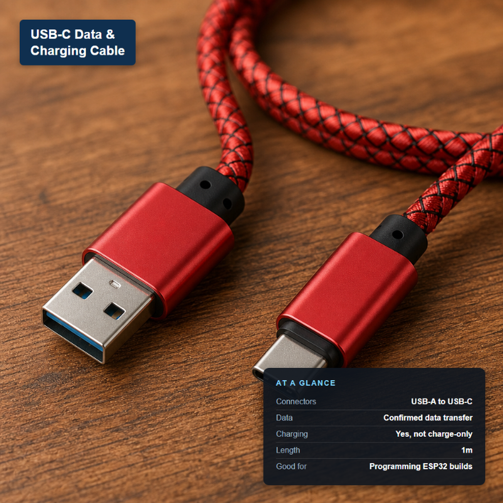 Braided red USB-A to USB-C data and charging cable with key specs: confirmed data transfer, charging supported, 1m length.