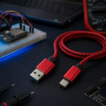 Braided red USB-C data cable on a dark electronics workbench with a breadboard, multimeter, and ESP32-style board nearby.