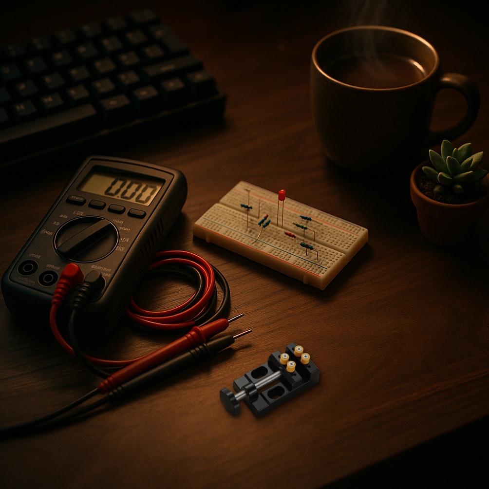 Real mini bench vise composited onto a workbench scene with a multimeter, a breadboard with LED and resistors, a mechanical keyboard, a mug of tea, and a small succulent plant.