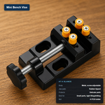 Mini bench vise with a metal body and screw-adjustable jaw with rubber-tipped clamp pads, labeled with its at-a-glance specs: metal construction, rubber jaw tips, and best use for small parts and light filing or drilling.