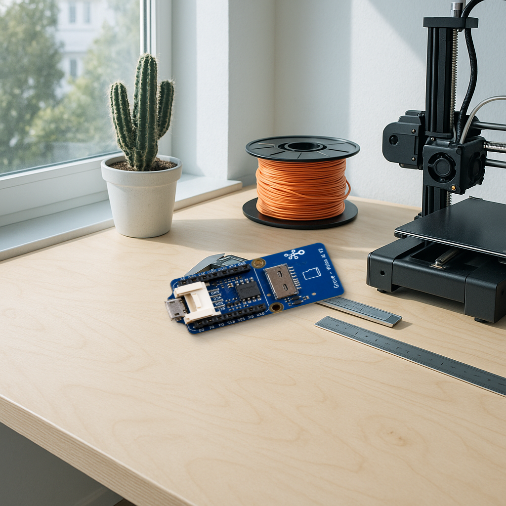 Seeed Grove Vision AI Module V2 on a bright minimal desk with a cactus, filament spool, and 3D printer