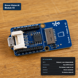 Seeed Grove Vision AI Module V2 with at-a-glance spec card showing onboard NPU, ESP32 compatibility, and pre-trained models