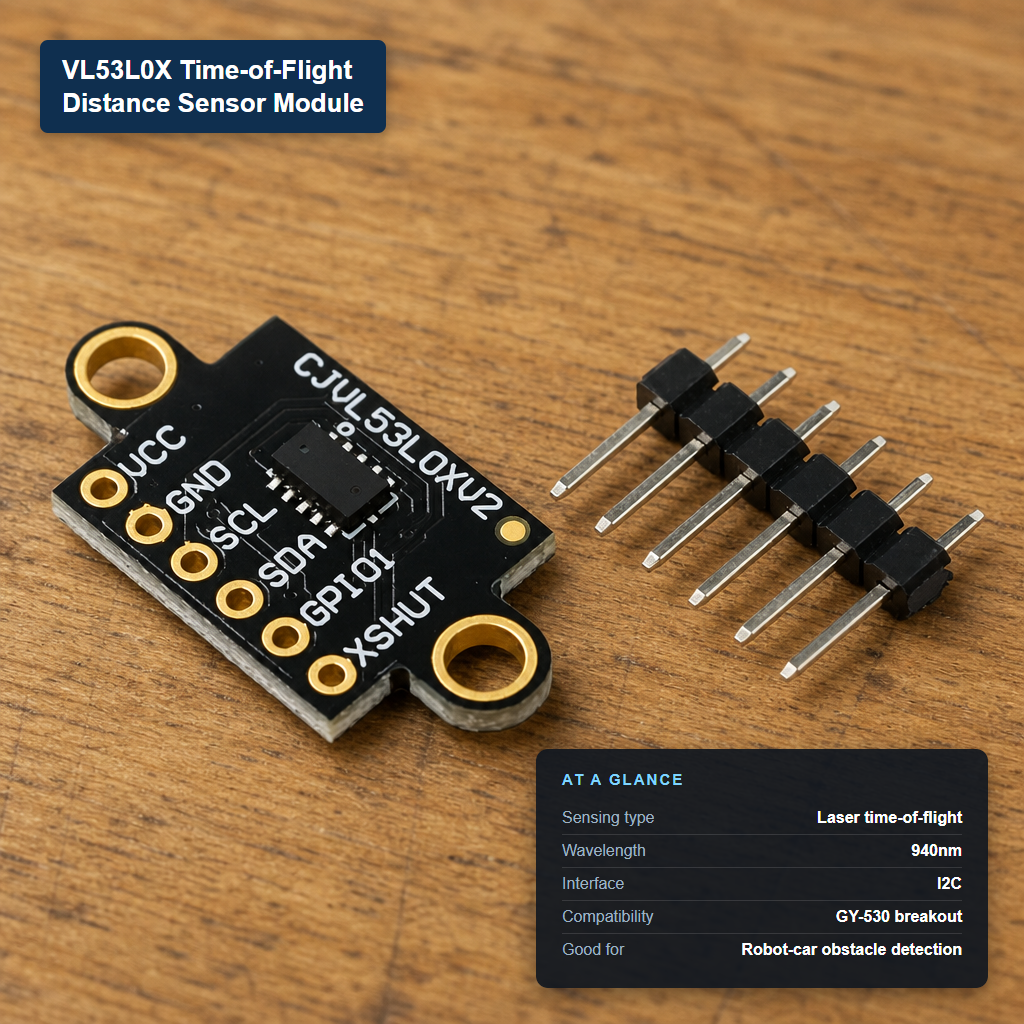 VL53L0X 940nm time-of-flight laser distance sensor module (GY-530 compatible, I2C), shown with its key specs.