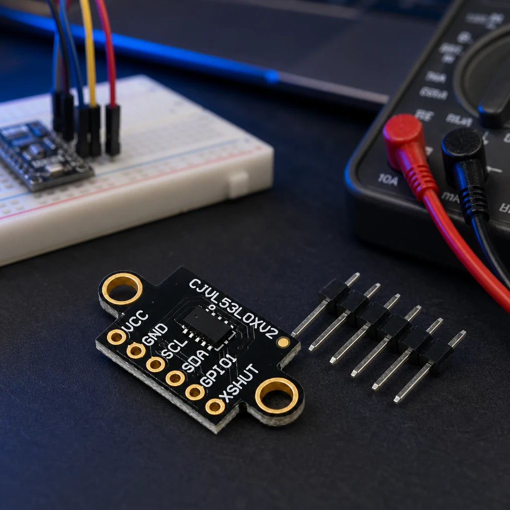 VL53L0X time-of-flight distance sensor board with header pins on an electronics workbench near a breadboard and multimeter.