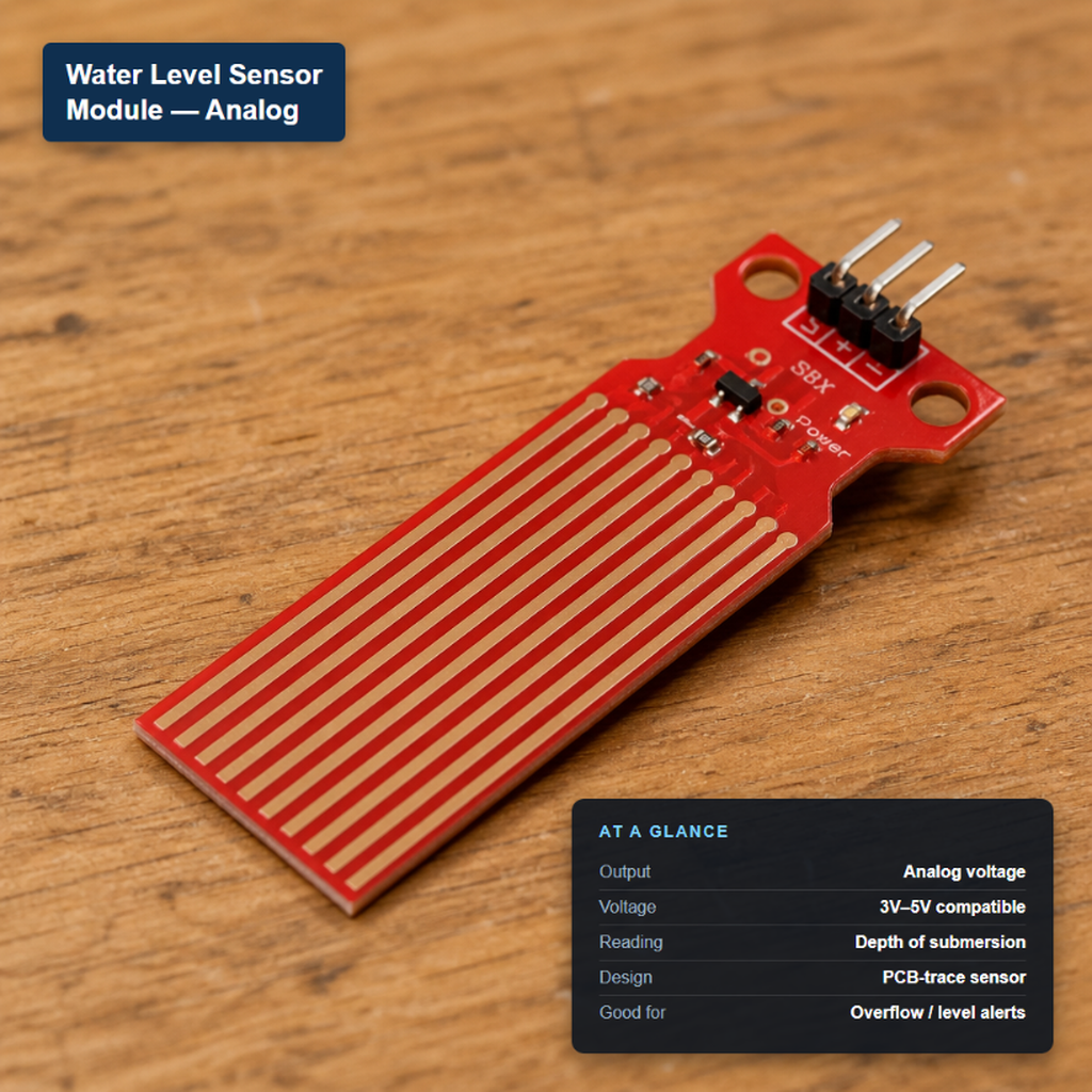 Red PCB-trace analog water level sensor module with a 3-pin header, showing its 3V–5V compatible analog output.