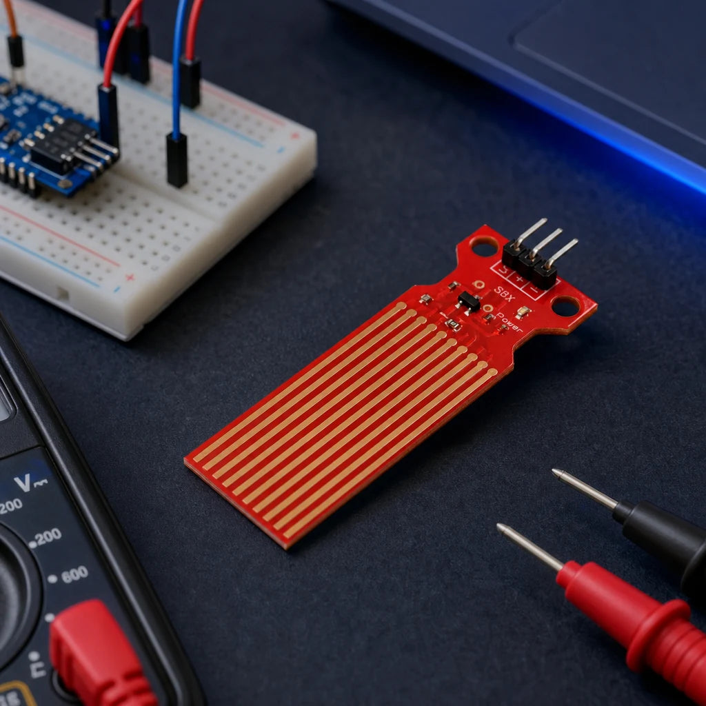 Analog water level sensor module on an electronics workbench beside a breadboard, multimeter, and probes.