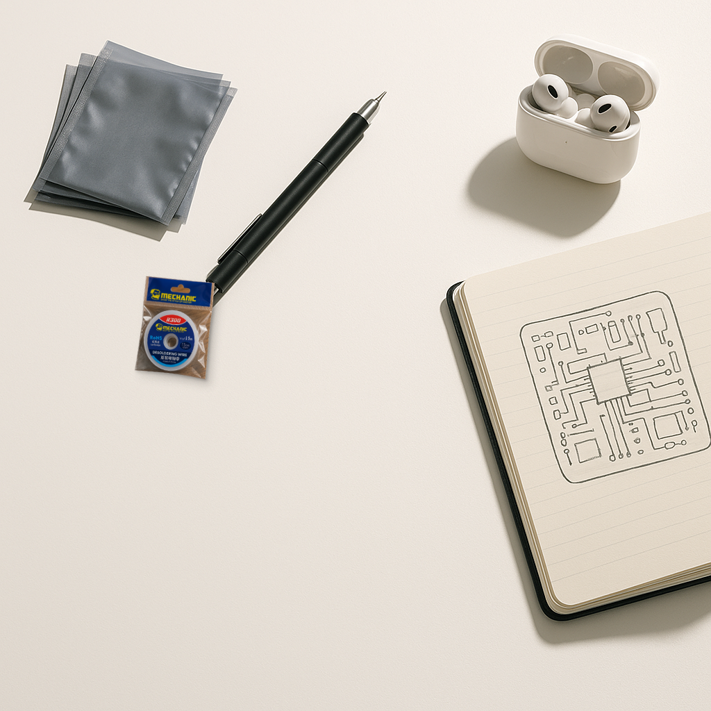 Real MECHANIC solder wick composited onto a minimalist bright desk scene: anti-static bags, a mechanical pencil, an open notebook with a hand-drawn PCB sketch, and wireless earbuds in their case.