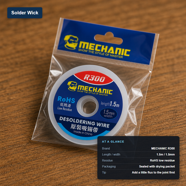 MECHANIC brand R300 solder wick desoldering braid in its sealed retail packet, labeled with its at-a-glance specs.