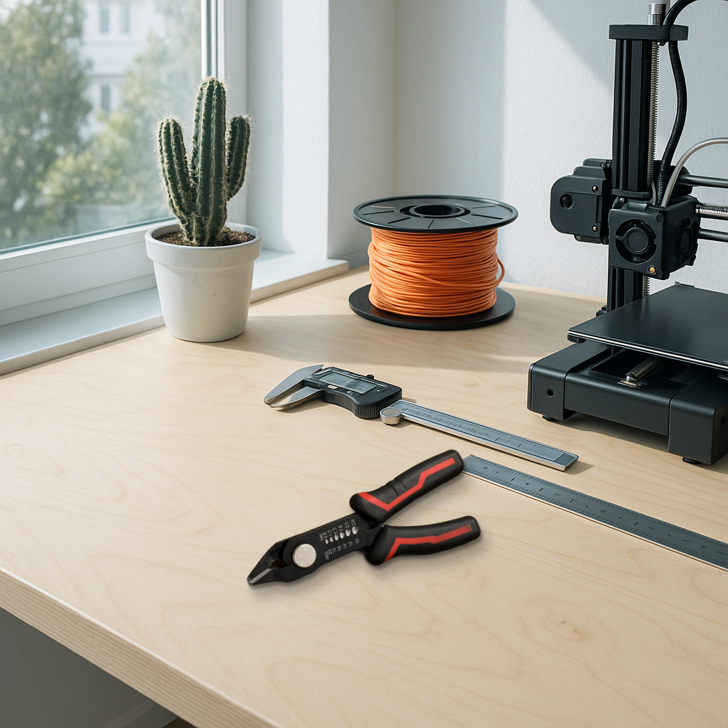 Automatic wire stripper and cutter resting on a bright workbench beside calipers and a 3D printer