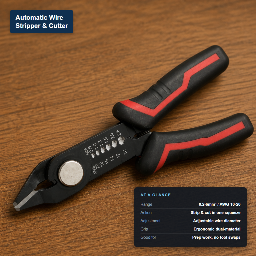 Automatic wire stripper and cutter tool with at-a-glance spec card showing 0.2-6mm² range, strip-and-cut action, and adjustable settings