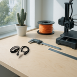 Real anti-static wrist strap composited onto a bright daylight desk scene: a 3D printer, a spool of orange filament, digital calipers, a metal ruler, and a potted cactus by a sunlit window.