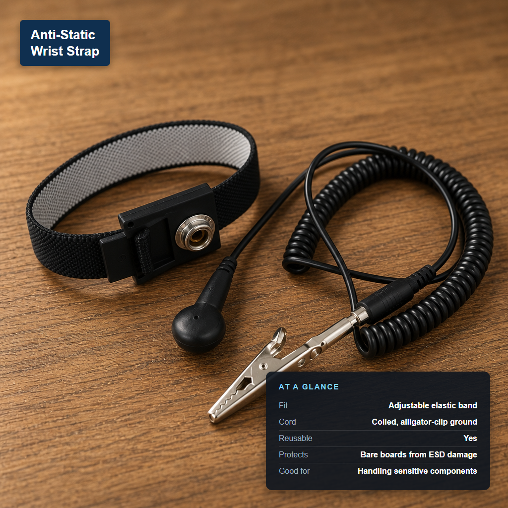 Anti-static wrist strap with a coiled grounding cord and alligator clip, labeled with its at-a-glance specs: adjustable elastic band, reusable, protects bare boards from ESD damage.