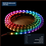 Coiled WS2812B individually addressable LED strip lit in a rainbow pattern, showing 5V power, 30 LEDs/m density, and IP30 indoor rating.