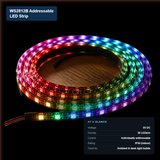 Coiled WS2812B individually addressable LED strip lit in a rainbow pattern, showing 5V power, 30 LEDs/m density, and IP30 indoor rating.