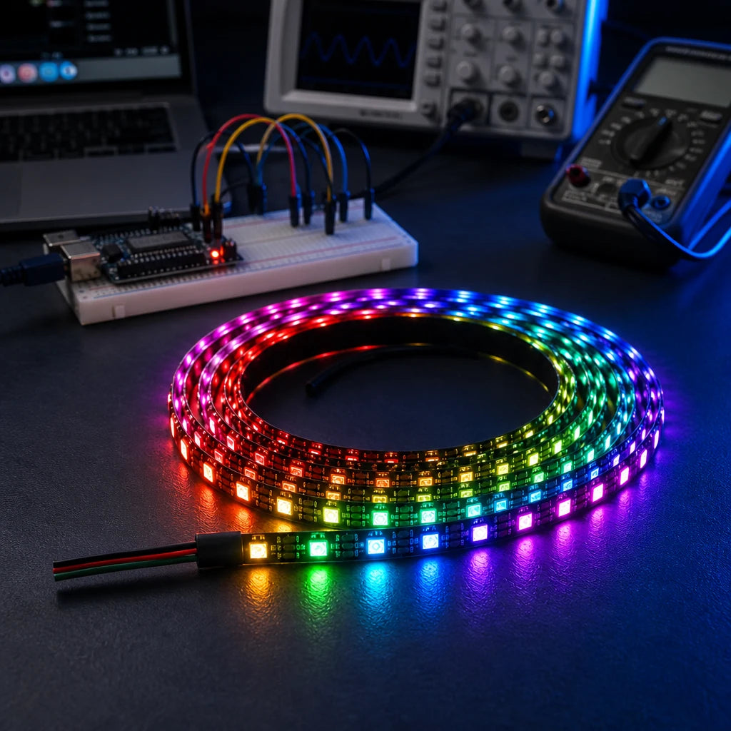 Coiled WS2812B addressable LED strip glowing in rainbow colors on a workbench with a breadboard, dev board, oscilloscope, and multimeter in the background.