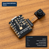 Seeed XIAO ESP32S3 Sense board with camera module and at-a-glance spec card showing onboard camera, I2S mic, and TinyML capability
